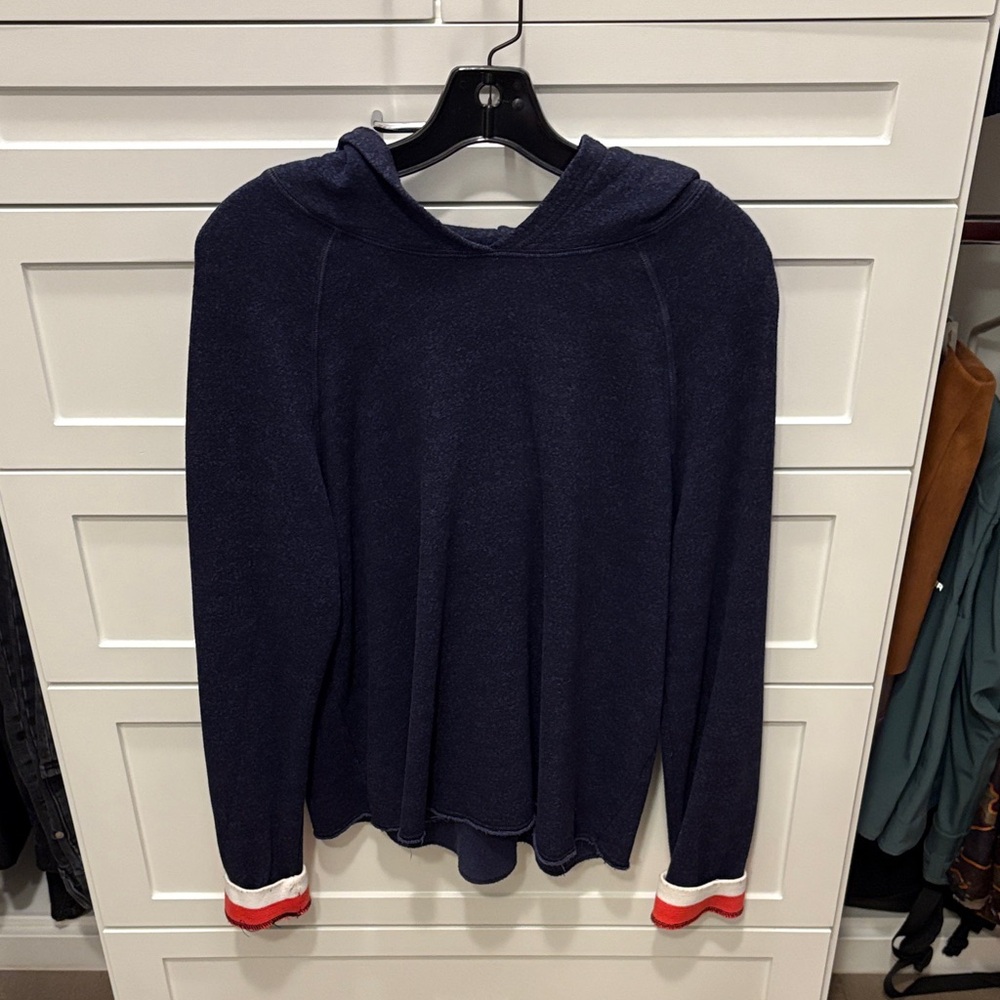 Navy Blue Hooded Sweater with Red and White Accents
